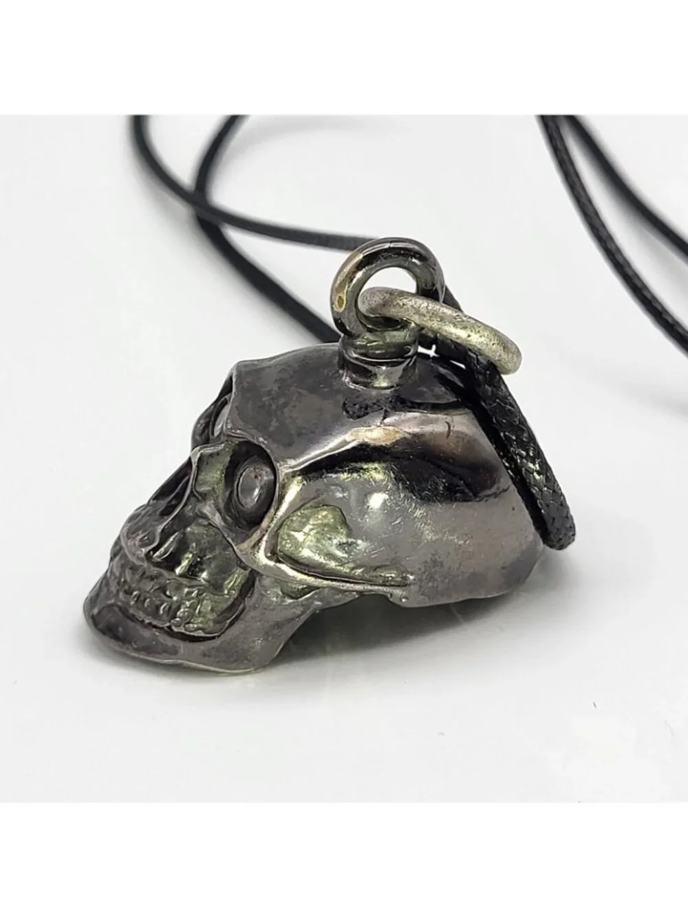 Gunmetal Gray Skull Crystal eyes Bell Pendant Biker Goth Halloween USA Made